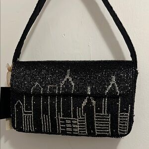 Black city skyline beaded bag NEW